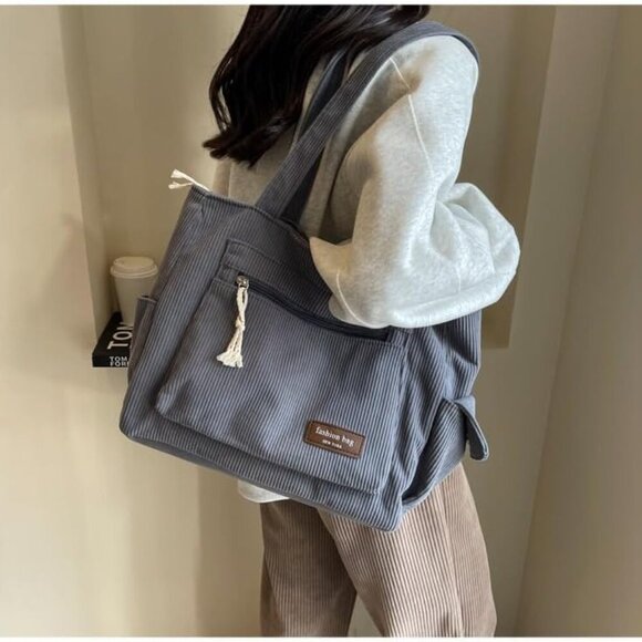 Women Corduroy Tote Bag Large Multi Pockets Casual Shoulder Bag for Work Travel - Picture 3 of 7